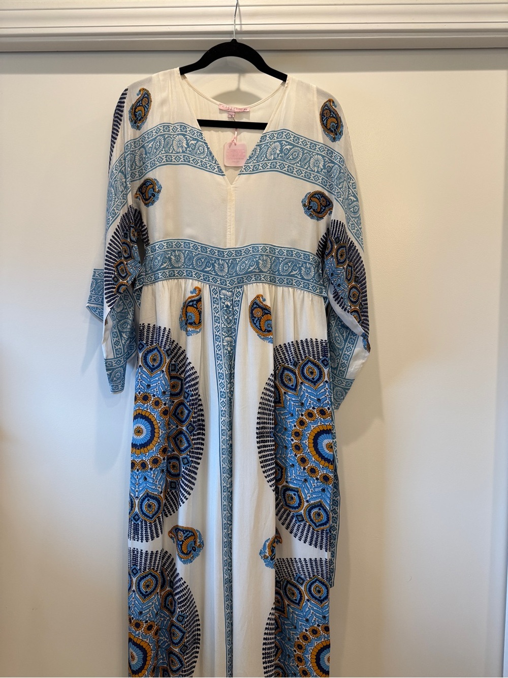 Calypso St. Barth Cream Maxi Coverup with Blue & Gold Medallion Print